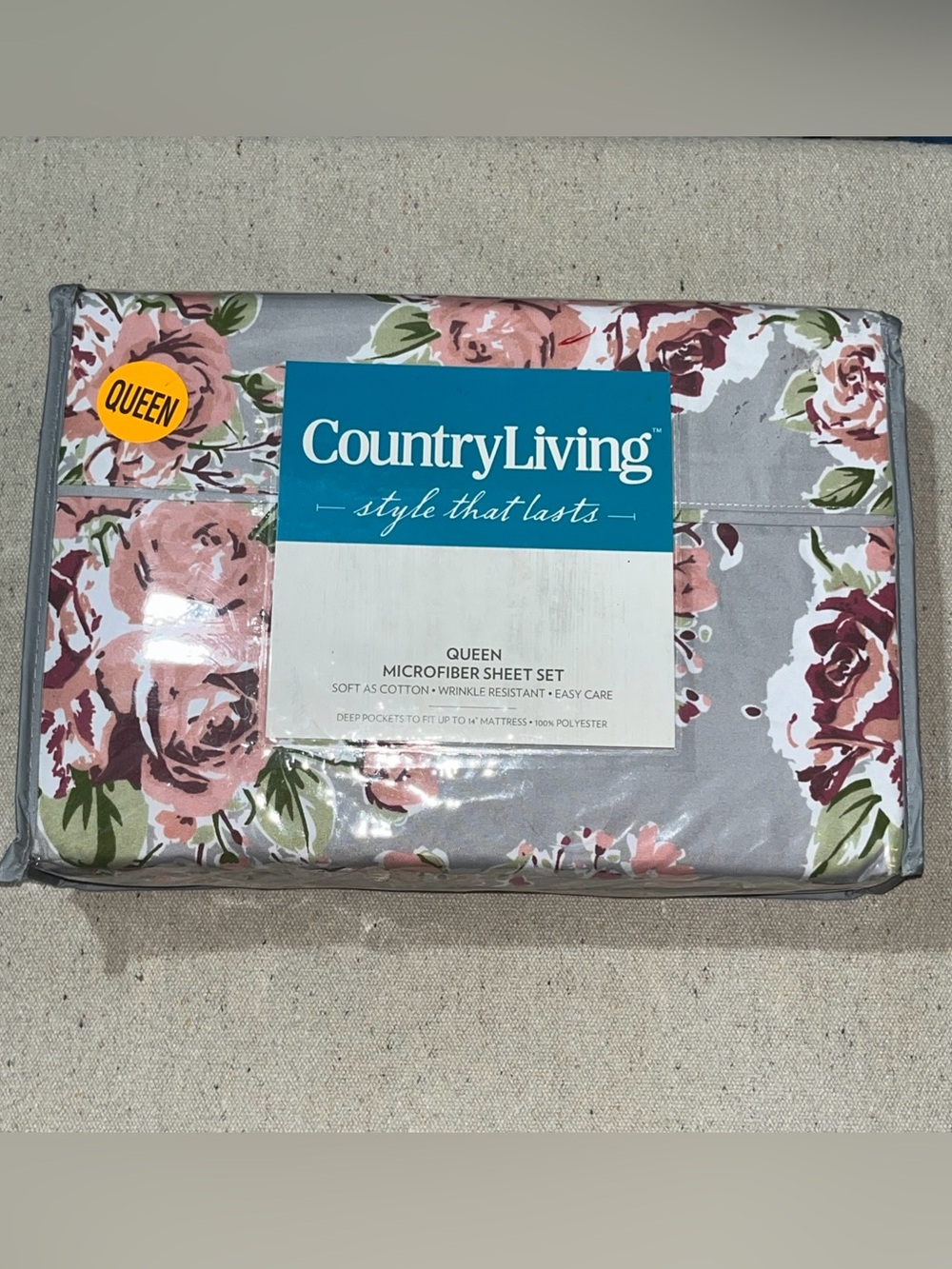 Country Living Queen Size Microfiber Sheet Set Pink Floral on Gray 4 pieces New